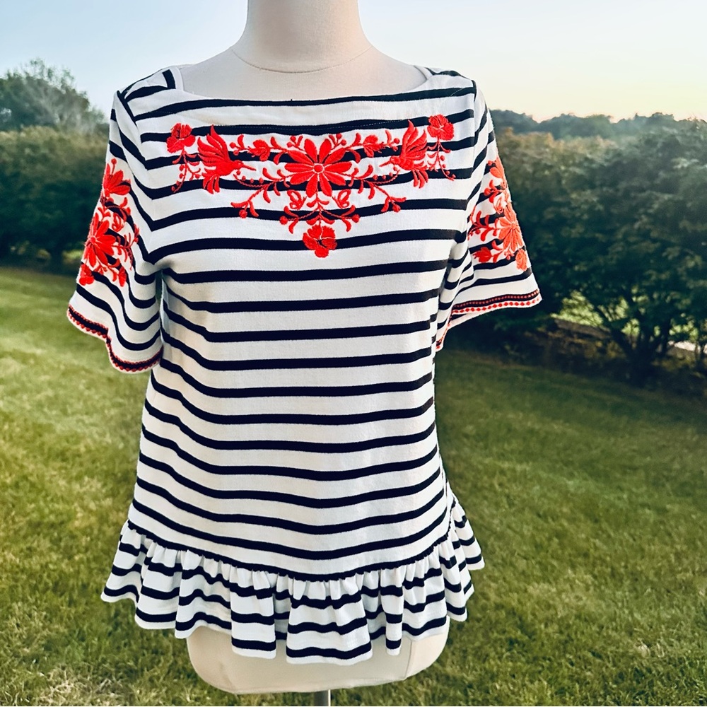 Kate Spade Broome Street Black/White Striped & Embroidered Top - Picture 6 of 16